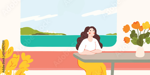 A serene moment of a person relaxing in a coastal café, enjoying the scenic view of the ocean through the window.