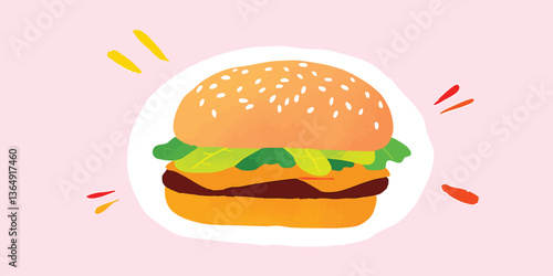 An appetizing illustration of a classic burger, composed of layers of fresh ingredients and a sesame seed bun. The image captures the essence of a delicious meal.
