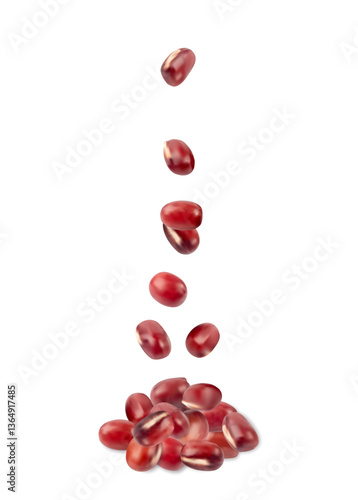 Red adzuki beans, raw flying aduki bean, Vigna angularis legume seeds levitate, falling