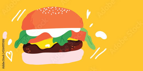 A colorful and appetizing illustration of a juicy burger. The mouth-watering image features layers of a perfectly cooked patty, fresh vegetables, and a creamy sauce, all nestled in a toasted bun.