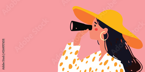 An illustrated woman, adorned with a sunhat, peers intently through binoculars, suggesting themes of exploration and discovery in a vibrant scene.