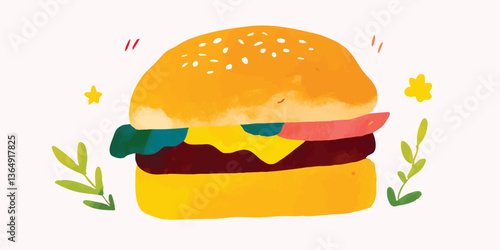 A vibrant illustration of a classic burger showcases the irresistible ingredients: a juicy patty, fresh lettuce, cheese, tomato, and a sesame seed bun.