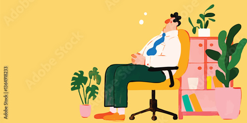A modern business illustration showing a person sitting on a chair, relaxed with a lot of plants around, a peaceful setting for office.
