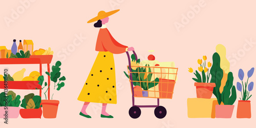 A woman in a yellow skirt navigates a grocery store, her shopping cart brimming with fresh produce. The colorful illustration captures the essence of a healthy, vibrant lifestyle.