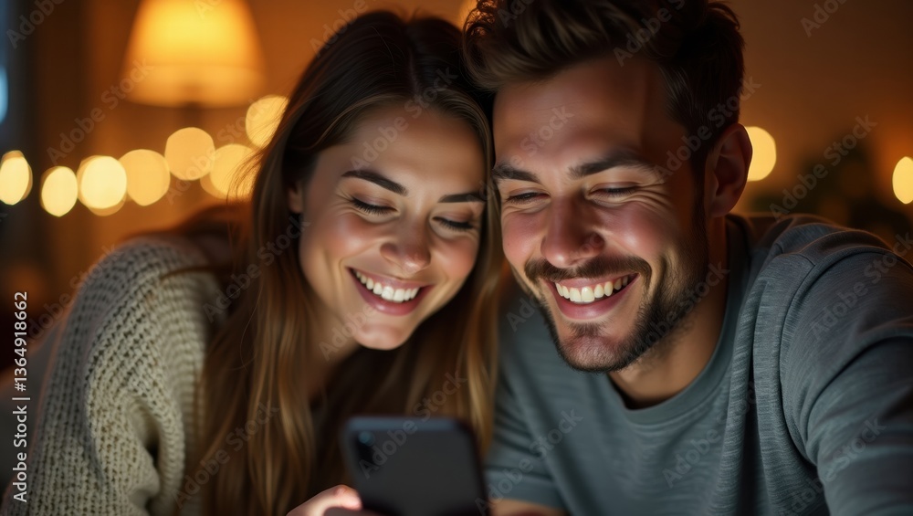 Happy couple enjoying time together while using a smartphone Happy couple enjoying time together while using a smartphone