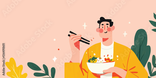 A captivating illustration of a man relishing a bowl of delicious food, a celebration of gastronomy and lifestyle. The artwork showcases a man elegantly using chopsticks while enjoying a meal.