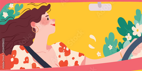 A vibrant illustration captures a woman in a car, framed by floral and foliage, embarking on a sunny adventure with a joyful spirit.