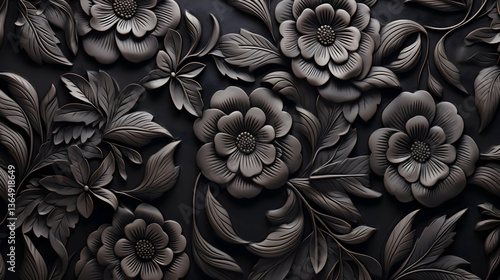 Wallpaper Mural An opulent tapestry of dark, velvety flowers and leaves, intricately carved in 3D, creating a dramatic, shadowy floral design. Torontodigital.ca