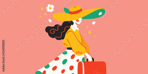 A stylish woman, adorned with a sun hat and holding a suitcase, is set against a pastel backdrop. This illustration embodies travel and leisure, capturing a vibrant aesthetic.