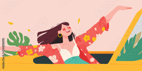 A joyous woman leans out of...