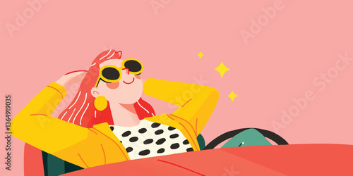 A stylized woman in sunglasses exudes an aura of carefree ease, resting in a vibrant car. The scene is bathed in light.