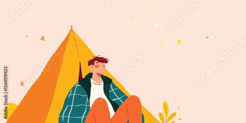 A person sits serenely outside a tent, gazing at a starry sky, encapsulating the essence of an illustration.
