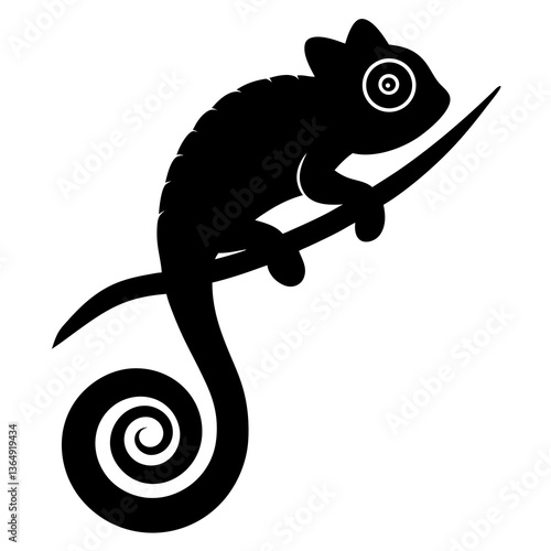 A vector silhouette of a chameleon climbing a branch,  