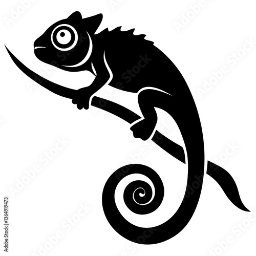 A vector silhouette of a chameleon climbing a branch,  