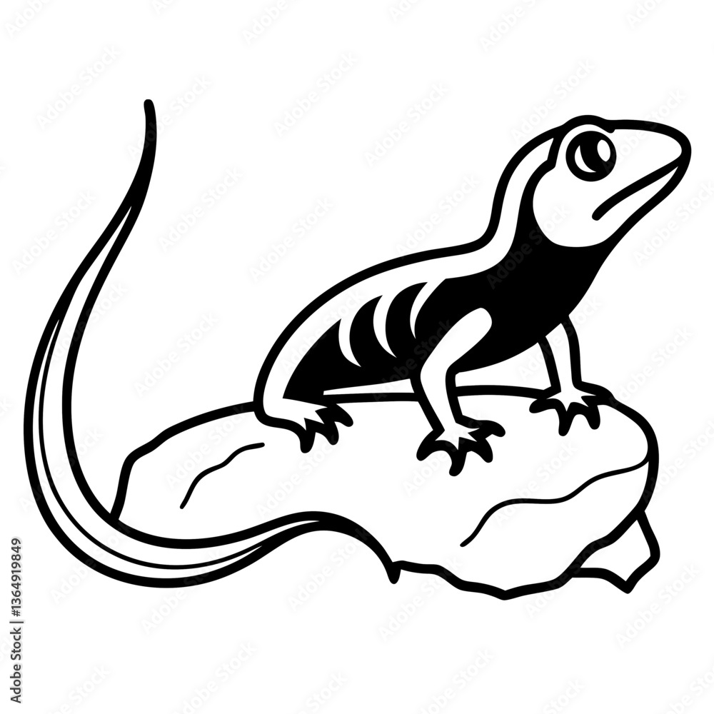 A vector silhouette of a lizard crawling on a rock, its tail stretched behind, centered on a white background A vector silhouette of a lizard crawling on a rock, its tail stretched behind, centered on a white background