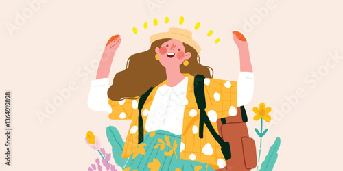 An enthusiastic young woman with a radiant smile, embarking on an adventure, celebrating the joys of travel and the vibrant spirit of exploration, capturing a moment of pure joy and freedom.