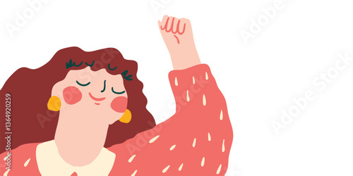 An illustration of a woman with her arm raised in a gesture of triumph and power, her eyes closed, conveying a sense of inner peace and serenity.