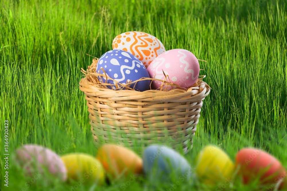 Fototapeta premium Easter basket with decorated colorful eggs
