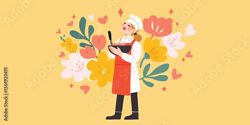 A culinary artist, adorned in chef's attire, is meticulously preparing a culinary masterpiece, surrounded by blossoming flora.