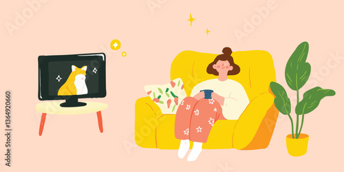 A cozy scene of a person enjoying a leisurely moment at home, relaxing on a yellow sofa while watching TV and drinking a beverage.