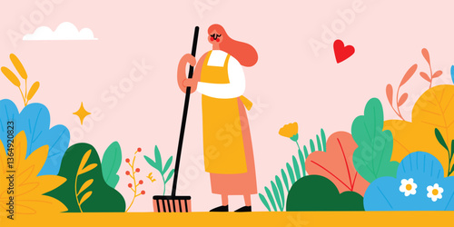 A woman, radiating vitality, tends her verdant garden, sweeping with focused care. a delightful vector illustration.