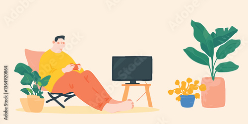 A person engrossed in leisurely activities indoors, perhaps playing a video game, surrounded by the elements of a cozy domestic space, as lush plant life complements the interior.
