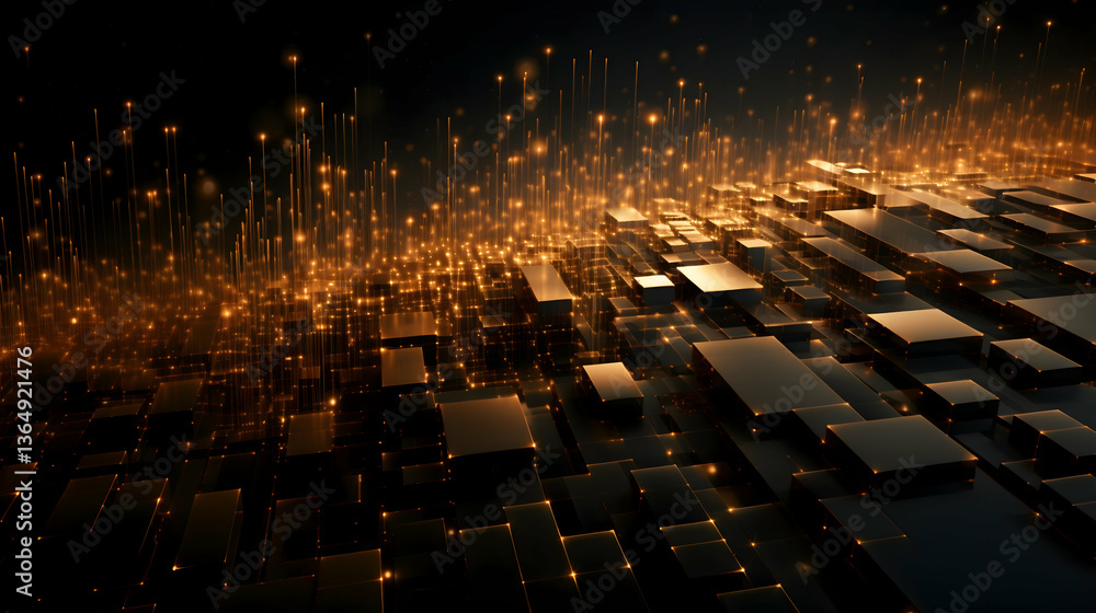 Obraz premium Golden city of light, a shimmering metropolis of glowing cubes and rising energy beams, dark background.