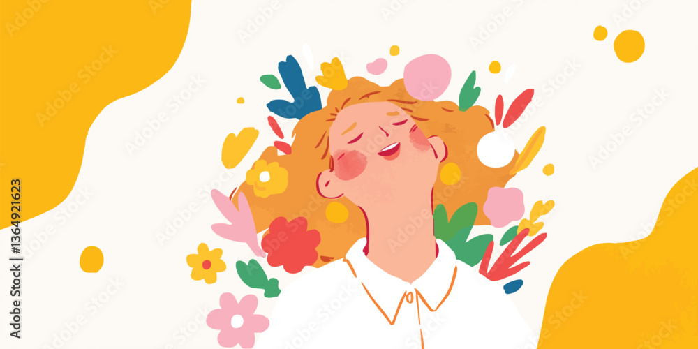 A cheerful cartoon woman lies surrounded by colorful, whimsical flowers. The image is a playful representation of joy and the beauty of nature's blooms. A cheerful cartoon woman lies surrounded by colorful, whimsical flowers. The image is a playful representation of joy and the beauty of nature's blooms.