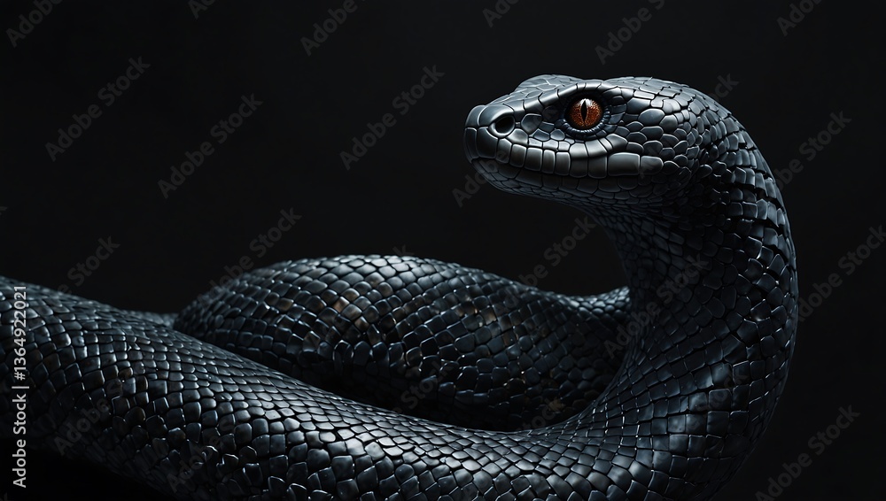 Fototapeta premium Coiled Snake with Dark Scales and Amber Eye on Dark Background