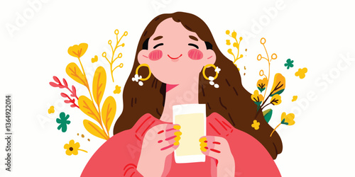 An illustrated woman savors a refreshing drink amidst the blossoming of nature. the image portrays a woman's moment of peace.