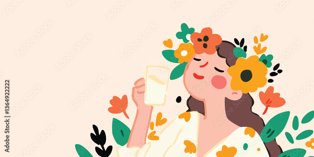 A woman, adorned with a floral crown, savoring a refreshing drink in a captivating, artistic composition. A woman, adorned with a floral crown, savoring a refreshing drink in a captivating, artistic composition.
