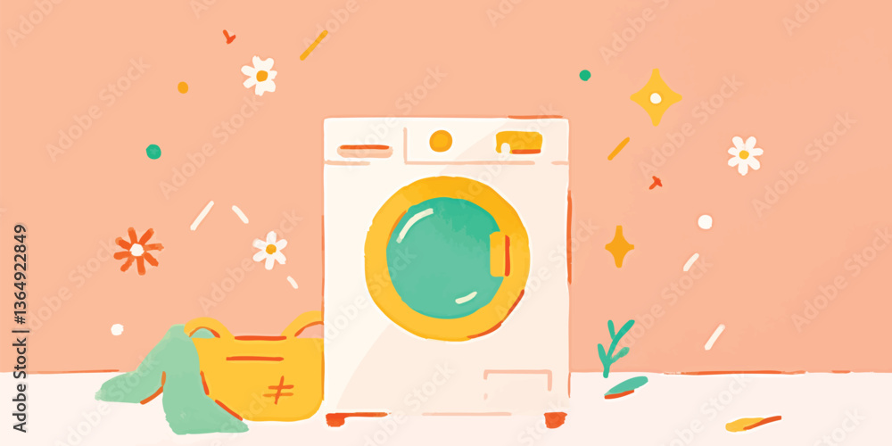 Obraz premium A whimsical, minimalist illustration depicts a washing machine, symbols of cleanliness and ease of use. A basket of clean laundry awaits, adorned with playful shapes and patterns.