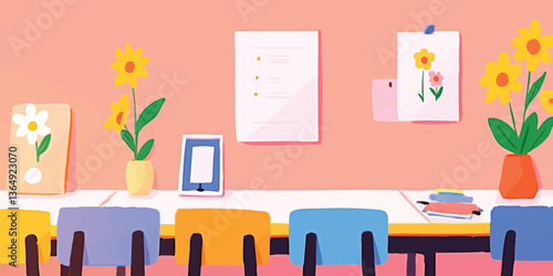 A bright and cheerful classroom setting, filled with vibrant floral decorations and organized learning materials, exuding an atmosphere of positivity and creativity.