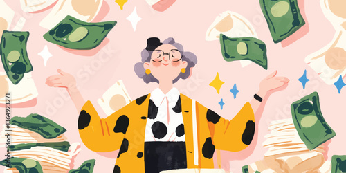 A stylized illustration depicts a woman surrounded by a whirlwind of falling currency, money, capturing a sense of abundance and wealth. 