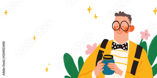 A stylish young man holding a jar surrounded by natural elements, offering a vibrant scene of creative flair and modern lifestyle, showcasing the harmonious blend of nature and the modern world.