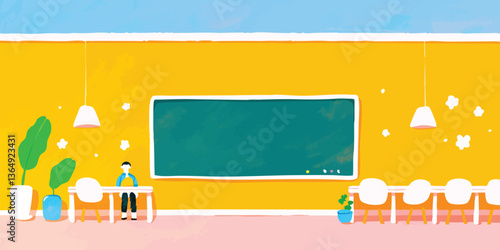 A serene classroom scene, rendered in a whimsical, colorful style. The illustration depicts a student at a desk, creating a cheerful, inviting space.