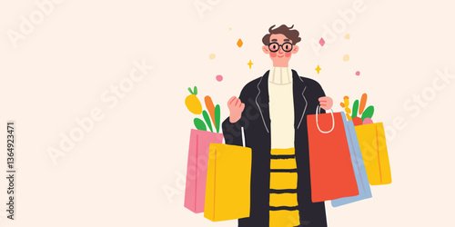 A fashionable person, joyfully carries a variety of colorful shopping bags, a joyful scene of shopping. Capturing the essence of shopping and fashion.