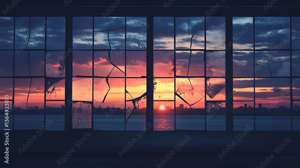 Fototapeta premium Broken window sunset city view. Possible stock photo use