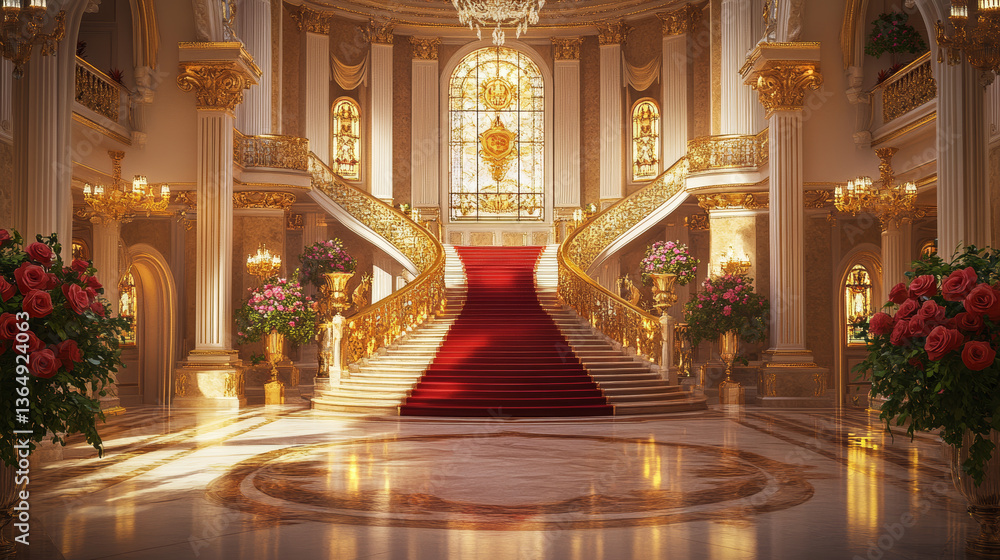 Fototapeta premium Luxury ballroom interior with marble columns, rose decorations and staircase. Royal palace hall with ornate golden pedestals, floral vases and stained glass window. Grand classical kingdom corridor.