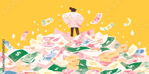 A person revels in financial triumph amidst a cascade of banknotes. A symbol of wealth, success, and affluence. A vibrant scene filled with color and imagination.