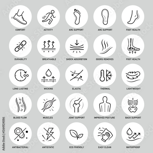 Set icons for shoes. These icons can visually communicate the key features of footwear designed to promote foot health. The outline icons are well scalable and editable. EPS10.	