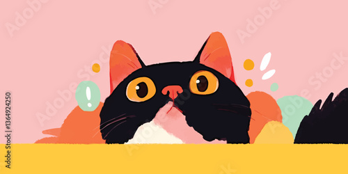 A curious cartoon cat peeks over a colorful background, its expressive eyes filled with playful intrigue, captivating viewers with its animated charm.