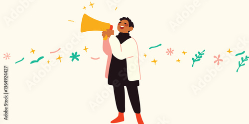 An illustrated figure enthusiastically shouts into a megaphone. Expressing announcement.