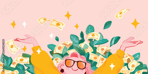 A person celebrates their financial success with a radiant display of joy, as cash floats gracefully, amidst thriving foliage, creating an image of abundance and financial freedom.
