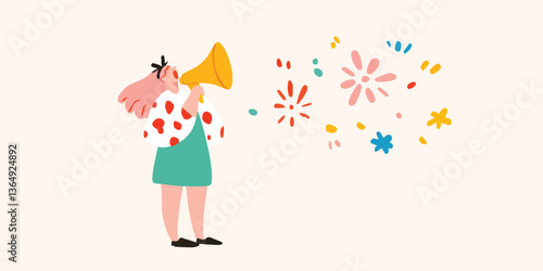 An illustrated woman uses a megaphone to share a vibrant message, with colorful bursts emanating from it, conveying the power of communication and spreading positivity.