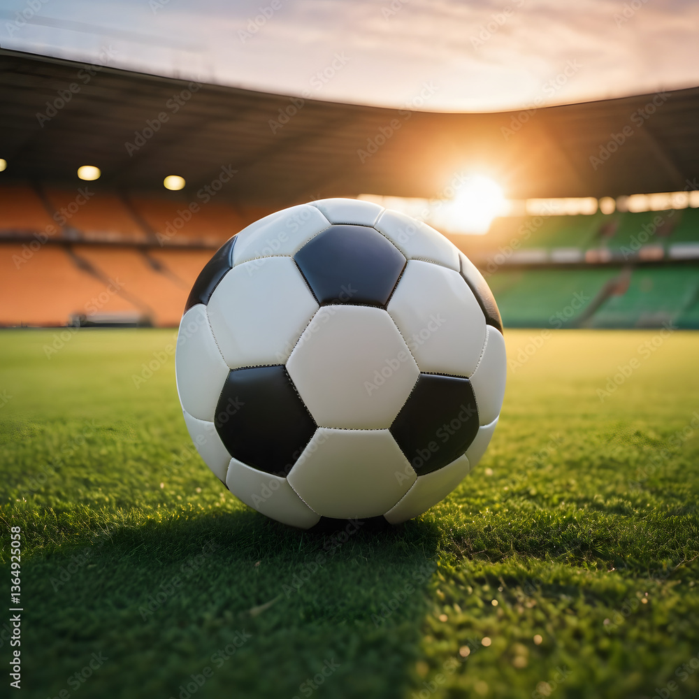 Fototapeta premium Soccer Ball on Grass at Sunset Stadium Classic Game Sports Equipment