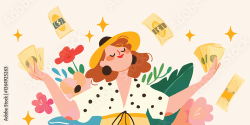A radiant woman exudes joy as she revels in her prosperity, playfully tossing currency into the air. A charming illustration embodying financial abundance, happiness, and optimistic aspirations.