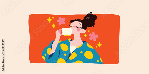 A lady relishes a moment of relaxation and enjoyment, delicately raising a cup to her lips. A captivating illustration beautifully portrays the essence of tranquility and pleasure.
