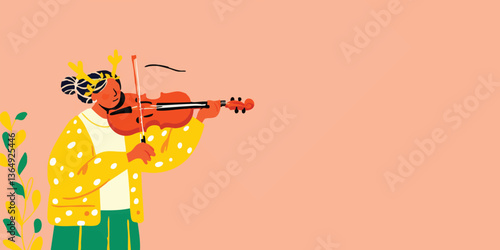 An illustrated artist plays the violin with focus and dedication. The warm color palette adds a cheerful and pleasant atmosphere, The artist's passion is clearly evident as they bring music to life.