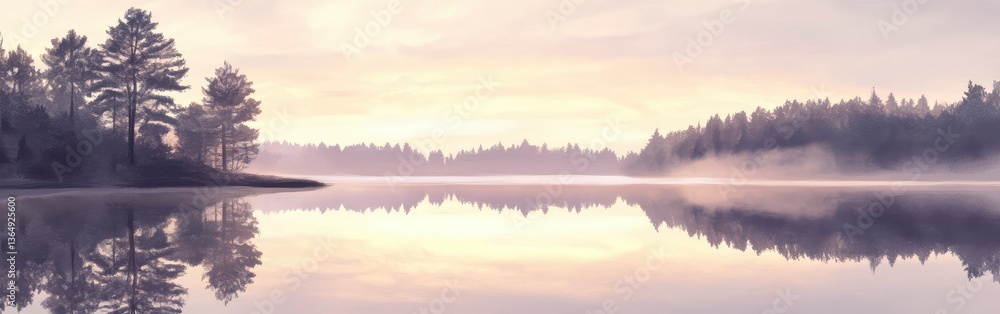 Obraz premium Serene Sunrise over Misty Lake and Forest Reflection